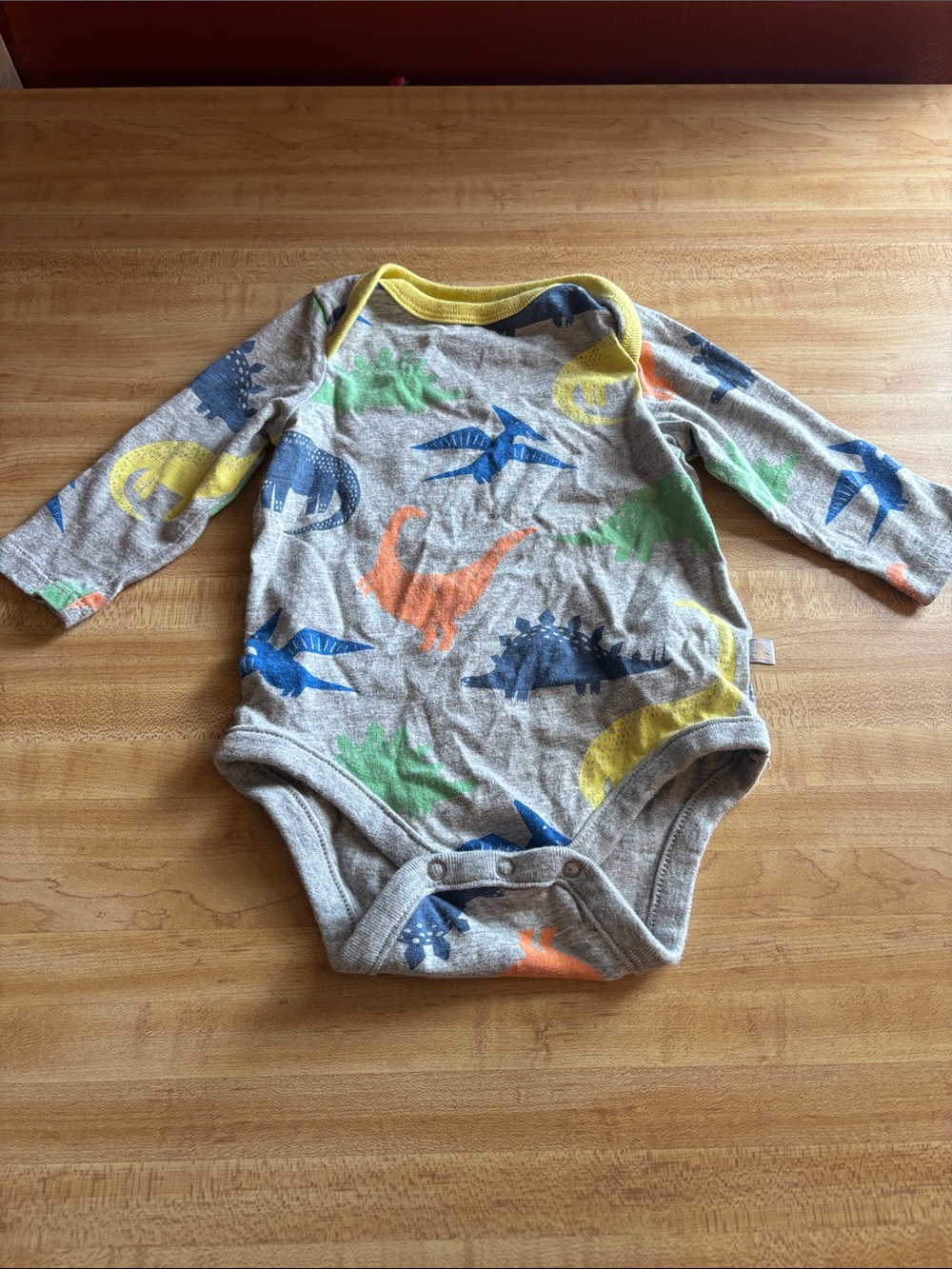 Baby Long-Sleeve Dinosaur One-Piece Bodysuit in Gray with Colorful Dinosaurs
